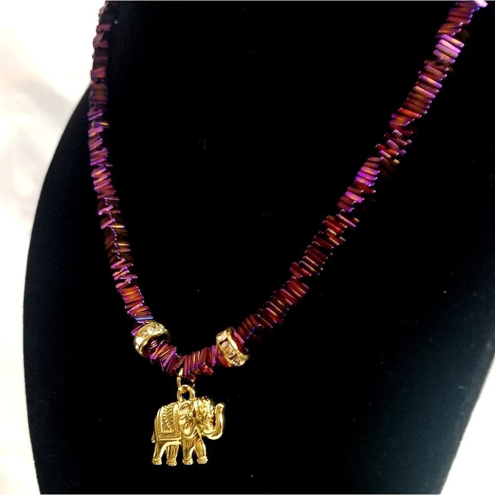 Gold Elephant and Magenta Hematite Necklace